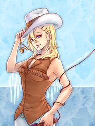  adjusting_clothes adjusting_headwear blonde_hair blue_background blue_eyes brown_shirt copyright_name cowboy_hat female hair_between_eyes hat highres holding holding_microphone jewelry koda_minare lafoxtriel long_hair looking_at_viewer microphone nami_yo_kiite_kure shirt simple_background sleeveless sleeveless_shirt solo white_hat 