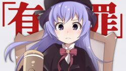  angry beret closed_mouth dress female hammer hanyuu hat higurashi_no_naku_koro_ni horns long_hair looking_at_viewer parody purple_eyes purple_hair ren&#039;ai_saiban_(vocaloid) solo tonogai_yoshiki 