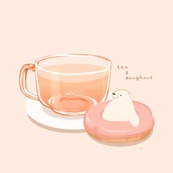  animal bear black_tea chai_(drawingchisanne) check_commentary commentary commentary_request cup doughnut english_text food food_focus glass glass_teacup in_food no_humans original polar_bear shirokuma-san_(drawingchisanne) signature simple_background sitting sweets tea teacup undersized_animal 