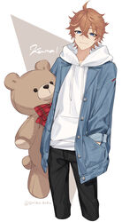  1boy black_pants blue_eyes blue_jacket closed_mouth commentary_request cropped_legs crossed_bangs ear_piercing genshin_impact hair_between_eyes hand_in_pocket highres holding holding_stuffed_toy hood hood_down hoodie jacket male_focus miz_(mi) orange_hair pants piercing romaji_text simple_background solo stuffed_animal stuffed_toy tartaglia_(genshin_impact) teddy_bear twitter_username two-tone_background white_hoodie 