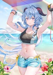  ahoge alternate_costume armpits arms_up bare_arms bare_shoulders beach bead_bracelet beads black_shirt black_sports_bra blue_hair blue_shorts bracelet breasts carrying_overhead closed_mouth cowboy_shot crop_top day dolphin_shorts female floating_hair flower ganyu_(genshin_impact) genshin_impact goat_horns hibiscus holding holding_surfboard horizon horns jewelry large_breasts long_hair looking_at_viewer low_ponytail midriff natsume_koji navel ocean open_clothes open_fly open_shorts outdoors purple_eyes shirt short_shorts shorts side-tie_peek sleeveless sleeveless_shirt smile solo sports_bra standing stomach surfboard surfboard_leash thighs very_long_hair 