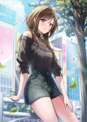  amagi_shino bare_shoulders black_shirt blue_eyes blue_shorts brown_hair city closed_mouth commentary day eyelashes falling_leaves female happy high-waist_shorts highres leaf leaning leaning_on_object light_blush long_hair looking_at_viewer off-shoulder_shirt off_shoulder original outdoors shirt shirt_tucked_in short_shorts shorts smile solo standing tree zipper zipper_pull_tab 