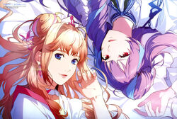  2girls absurdres artist_name bed_sheet blonde_hair blue_eyes blue_hair blue_ribbon copyright_name earrings hair_intakes highres jewelry long_hair long_sleeves looking_at_viewer macross macross_delta macross_frontier mikumo_guynemer multicolored_hair multiple_girls nail_polish neck_ribbon open_mouth purple_hair red_eyes ribbon sheryl_nome shirt sparkle striped striped_ribbon two-tone_hair very_long_hair white_shirt 