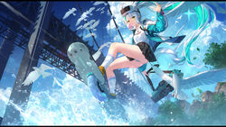  animal bandaid bandaid_on_cheek bandaid_on_face bird black_skirt blowing_bubbles blue_hair blue_panties blue_sky breasts chewing_gum cloud commentary day drawstring epinel_(nikke) facial_mark female goddess_of_victory:_nikke green_eyes highres holding hood hood_down hoodie long_hair looking_at_viewer medium_breasts multicolored_hair outdoors panties pleated_skirt ponytail shoes skirt sky socks solo star_(symbol) suspension_bridge swd3e2 symbol-only_commentary two-tone_hair underwear very_long_hair water white_hair white_hoodie white_socks yellow_footwear 