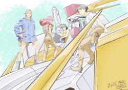  2021 4girls baseball_cap black_hair blue_eyes blue_jacket braid brown_eyes character_request emerelda_zubin green_eyes gundam gundam_hathaway&#039;s_flash hand_on_own_hip hat jacket julia_suga long_hair looking_at_viewer looking_down mecha mihessia_hence mobile_suit multiple_girls nakatani_seiichi official_art on_mecha pilot_suit ponytail red_hair robot science_fiction short_hair sitting smile standing twin_braids v-fin white_headwear xi_gundam 