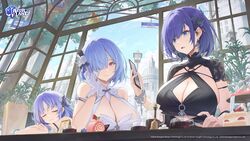  3girls azur_lane bare_shoulders blue_eyes blue_hair bracelet breasts catsmoon chapayev_(azur_lane) cleavage cleavage_cutout closed_eyes closed_mouth clothing_cutout commentary copyright_name earrings english_commentary gloves hair_ornament hair_over_one_eye highres jewelry kuybyshev_(azur_lane) large_breasts multiple_girls official_art parted_lips short_hair short_sleeves sideboob smile tallinn_(azur_lane) upper_body white_gloves 