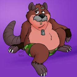  1:1 2023 anthro belly big_belly black_nose brok_the_investigator buckteeth camo clothing cowcat_games cricetid facial_hair green_clothing hi_res hubie360 male mammal mature_male moustache muskrat overweight overweight_male purple_background rodent simple_background sitting solo teeth tramp_(brok_the_investigator) underwear 