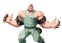  1boy abigail_(final_fight) belt bingoman bodysuit brass_knuckles collar eyeshadow feet_out_of_frame green_bodysuit highres huge_pectorals large_hands legs_apart makeup male_focus mohawk muscular muscular_male outstretched_arms pectoral_cleavage pectorals pink_lips sanpaku sidepec solo spiked_collar spikes spread_arms standing street_fighter street_fighter_v strongman_waist thick_arms weapon wrestling_outfit 