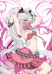  armpits arms_behind_head arms_up bare_shoulders blush bombergirl bracelet breasts circlet commentary demon_girl demon_tail female gradient_horns grim_aloe highres horns jewelry long_hair looking_at_viewer mouth_veil multicolored_horns navel open_mouth pink_skirt quiz_magic_academy quiz_magic_academy_the_world_evolve red_eyes red_horns red_tail santa_(sunflower) skirt small_breasts smile solo symbol-only_commentary tail thighs tongue tongue_out twintails veil white_hair 