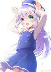  :d arms_up beret blue_eyes blue_hair blush commentary feathers female gochuumon_wa_usagi_desu_ka? hair_between_eyes hair_ornament hairclip hat highres kafuu_chino kafuu_chino&#039;s_school_uniform light_blue_hair long_hair long_sleeves looking_at_viewer mozukun43 open_mouth rabbit_pose school_uniform shirt simple_background skirt smile solo twitter_username very_long_hair white_background white_shirt x_hair_ornament 