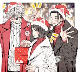  2boys ? ^_^ animal_ears bag black_eyes black_hair black_jacket cat_ears christmas closed_eyes ear_piercing fake_animal_ears female getou_suguru gojou_satoru grin hair_between_eyes hands_up hat highres holding holding_bag ieiri_shoko jacket jujutsu_kaisen long_sleeves looking_away multiple_boys open_hands piercing red_headwear red_jacket red_shirt round_eyewear santa_hat shirt short_hair smile speech_bubble sunglasses swept_bangs turtleneck upper_body white_hair white_jacket white_shirt yoon_(dmsco1803) 