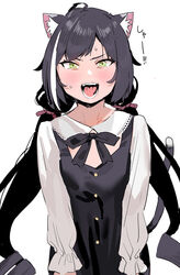  ahoge alternate_costume animal_ear_fluff animal_ears black_bow black_dress black_hair bow breasts cat_ears cat_girl cat_tail collared_shirt commentary_request dress eyebrows_hidden_by_hair female green_eyes hairbow karyl_(princess_connect!) long_hair long_sleeves looking_at_viewer low_twintails multicolored_hair open_mouth princess_connect! red_bow ringlets shirt simple_background sleeveless sleeveless_dress small_breasts solo streaked_hair subachi sweat tail tongue translated twintails v-shaped_eyebrows very_long_hair white_background white_hair white_shirt 