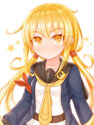  absurdres black_sailor_collar blonde_hair blue_jacket blush collarbone commentary_request crescent crescent_pin female hair_between_eyes highres jacket kantai_collection long_hair long_sleeves low_twintails neckerchief sailor_collar satsuki_(kancolle) satsuki_kai_ni_(kancolle) school_uniform serafuku solo suzushiro_(gripen39) twintails upper_body yellow_eyes yellow_neckerchief 