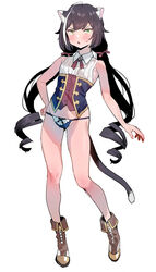  animal_ear_fluff animal_ears bare_arms bare_shoulders black_hair blue_panties blush boots bow bow_panties breasts brown_footwear cat_ears cat_girl cat_tail collared_shirt commentary_request female full_body green_eyes groin hairbow highres karyl_(princess_connect!) long_hair looking_at_viewer low_twintails multicolored_hair no_pants panties parted_lips princess_connect! red_bow ringlets shirt simple_background sleeveless sleeveless_shirt small_breasts solo standing streaked_hair subachi sweat tail twintails underwear v-shaped_eyebrows very_long_hair white_background white_hair white_shirt 