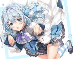  blue_bow blue_eyes blue_hair blue_ribbon bow braid female frilled_skirt frills gem ghost ghost_pose hair_ribbon highres hitotose_tanteidan ooluoul open_mouth ribbon skirt socks striped_clothes striped_socks virtual_youtuber yuugasaki_umi 