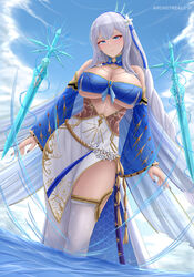  absurdres archstreal artist_name bare_shoulders blue_eyes blush breasts cleavage closed_mouth duplicate female fiona_(tower_of_fantasy) highres large_breasts long_hair looking_at_viewer outdoors pixel-perfect_duplicate sky solo tower_of_fantasy water white_hair 