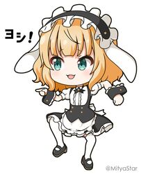  :d animal_ears apron black_footwear black_hairband black_skirt blonde_hair blue_eyes blush chibi collared_shirt commentary_request dress_shirt fake_animal_ears female fleur_de_lapin_uniform floppy_ears frilled_apron frilled_hairband frilled_skirt frills full_body genba_neko_(meme) gochuumon_wa_usagi_desu_ka? hairband kirima_syaro meme mitya pointing puffy_short_sleeves puffy_sleeves rabbit_ears shigoto_neko shirt shoes short_sleeves simple_background skirt smile solo standing standing_on_one_leg thighhighs translated twitter_username uniform waist_apron waitress white_apron white_background white_shirt white_thighhighs wrist_cuffs 