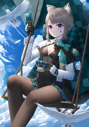  absurdres animal_ear_fluff animal_ears aqua_bow bird blue_sky bow breasts card cat_ears cleavage cleavage_cutout clothing_cutout cloud commentary_request cup day facial_mark feet_out_of_frame female genshin_impact gloves grey_hair highres holding holding_cup long_hair looking_at_viewer lynette_(genshin_impact) pantyhose purple_eyes shrug_(clothing) sitting sky skym_(kumei) solo star_(symbol) swing teacup thighs very_long_hair 