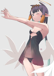  a:n_(angrynum) adapted_costume aqua_hair bare_arms bare_shoulders black_panties blue_eyes blunt_bangs breasts chemise commentary cowboy_shot female gradient_hair grey_background halo highres hololive hololive_english lingerie long_hair looking_at_viewer low_wings mole mole_under_eye multicolored_hair navel ninomae_ina&#039;nis ninomae_ina&#039;nis_(1st_costume) one_eye_closed orange_hair outstretched_arms panties pointy_ears purple_hair sidelocks simple_background sleepwear small_breasts solo strapless string_panties symbol-only_commentary tentacle_hair underwear very_long_hair virtual_youtuber white_wings wings 