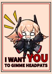  024hertz 0_0 :3 arm_up black_jacket blonde_hair blush_stickers chibi english_commentary female girls&#039;_frontline gloves headgear highres i_want_you jacket korean_commentary long_hair m4_sopmod_ii_jr multicolored_hair open_mouth parody red_hair smile solo standing streaked_hair 