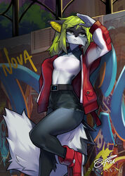  2022 5_fingers anthro belt bottomwear brick_wall canid canine canis clothed clothing crop_top detailed_background digital_media_(artwork) dragonfu female fingers footwear fur graffiti green_hair grey_body grey_fur hair hi_res jacket mammal midriff navel nova_(hikarikurisu) open_clothing open_jacket open_topwear shirt shoes shorts solo standing topwear wall_(structure) wolf 