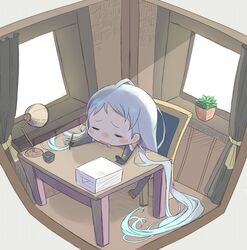  absurdly_long_hair blue_hair blush chair chibi closed_eyes commentary desk elbow_gloves female gloves holding holding_pen indoors kantai_collection lamp long_hair ofly_(ofly252) open_mouth outstretched_arms paper_stack pen samidare_(kancolle) simple_background sitting solo swept_bangs very_long_hair white_background window 