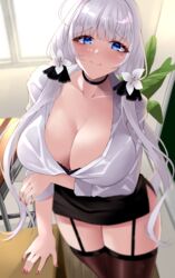  alternate_costume arm_under_breasts azur_lane black_bra black_choker black_garter_straps black_skirt black_thighhighs blue_eyes blush bra breasts choker cleavage closed_mouth collarbone female from_above garter_straps highres illustrious_(azur_lane) large_breasts long_hair looking_at_viewer looking_up mole mole_under_eye nail_polish red_nails shirt skirt smile solo thighhighs thighs underwear wee_(weeyy) white_hair white_shirt 