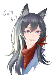  absurdres animal_ear_fluff animal_ears blue_eyes cy9 dog_ears fangs female grey_hair hair_between_eyes highres long_hair mr.quin original portrait red_lips red_scarf scarf simple_background smile solo white_background 