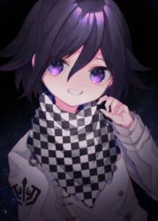  1boy black_background buttons checkered_clothes checkered_scarf danganronpa_(series) danganronpa_v3:_killing_harmony eringikinono gradient_background grey_jacket grin hair_between_eyes highres jacket long_sleeves looking_at_viewer male_focus medium_hair oma_kokichi scarf short_hair smile solo upper_body 