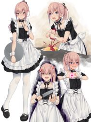  absurdres act_(xadachit) alternate_costume apron black_dress black_footwear blue_eyes blush dress embarrassed enmaided female food frills full_body girls&#039;_frontline hair_ornament heart heart_hands highres ketchup knife long_hair maid multiple_views omelet omurice open_mouth pantyhose pink_hair ponytail smile st_ar-15_(girls&#039;_frontline) standing white_apron white_pantyhose 