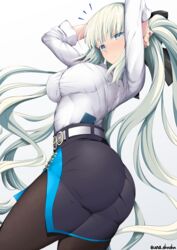  arms_behind_head arms_up ass black_bow black_skirt blue_eyes bow breasts brown_pantyhose dress_shirt fate/grand_order fate_(series) female grey_hair hairbow impossible_clothes large_breasts long_hair long_sleeves looking_at_viewer morgan_le_fay_(chaldea_satellite_station)_(fate) morgan_le_fay_(fate) pantyhose pencil_skirt ponytail shirt sidelocks skirt solo thighs unadon very_long_hair white_shirt 