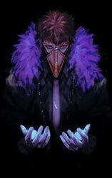  1boy black_background black_jacket boku_no_hero_academia brown_hair dark_background feather_trim feathers gloves head_down jacket looking_at_viewer male_focus mask mouth_mask namuto_(t0seganam) open_hands overhaul_(boku_no_hero_academia) plague_doctor_mask purple_feathers raised_eyebrow short_hair solo tenebrism upper_body white_gloves yellow_eyes 