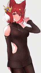  anthuria bad_id bad_pixiv_id breasts brown_sweater clothing_cutout female granblue_fantasy grey_background hair_ornament highres jewelry koretsuki_azuma long_sleeves looking_at_viewer md5_mismatch medium_breasts necklace red_eyes red_hair resolution_mismatch short_hair shoulder_cutout simple_background solo source_smaller sweater 