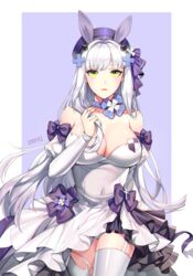  absurdres bare_shoulders beret blue_choker breasts choker cleavage closed_mouth covered_navel cowboy_shot cross detached_sleeves dress female frilled_dress frills garter_straps girls&#039;_frontline green_eyes hair_ornament hair_ribbon hand_in_own_hair hat highres hk416_(girls&#039;_frontline) hk416_(herbal-flavored_hard_candy)_(girls&#039;_frontline) jy_0305 korean_commentary large_breasts long_hair official_alternate_costume panties pantyshot puffy_sleeves purple_background purple_hat purple_ribbon ribbon solo standing strapless strapless_dress torn_clothes torn_legwear underwear white_dress white_hair white_legwear white_panties white_sleeves 