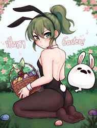  animal_ears ass basket black_leotard blush bow bowtie brown_pantyhose detached_collar easter easter_egg egg fake_animal_ears female fishnets frown green_eyes green_hair happy_easter highleg highleg_leotard highres holding holding_basket igarashi_futaba_(shiromanta) leotard looking_at_viewer making-of_available medium_hair panqlao pantyhose petite playboy_bunny ponytail rabbit rabbit_ears rabbit_tail senpai_ga_uzai_kouhai_no_hanashi shiromanta_(character) sidelocks strapless strapless_leotard tail wrist_cuffs 