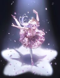  arabesque_(pose) arm_up ballerina ballet ballet_slippers blue_eyes blue_hair breasts cherry_blossoms cleavage closed_mouth dancing detached_sleeves diadem dress dress_flower en_pointe female floating_hair floral_print full_body hair_between_eyes highres kooka2 korean_commentary leg_lift light_blue_hair long_hair looking_afar medium_breasts original outstretched_arms pantyhose petals pink_dress pink_footwear red_ribbon ribbon shadow short_dress sleeveless sleeveless_dress smile solo spaghetti_strap sparkle spotlight tutu very_long_hair white_pantyhose 