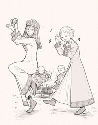  2boys 2girls :d bald blackguard_big_boggart blush braid castanets closed_eyes cooking cooking_pot crab dancing dress eating elden_ring food_in_mouth greyscale helmet instrument kari_(kakko_k) lady_tanith_(elden_ring) long_sleeves mole mole_under_mouth monochrome multiple_boys multiple_girls musical_note patches_(from_software) rya_(elden_ring) short_hair smile squatting steam veil wide_sleeves 