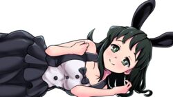  alternate_costume animal_ears blush bow bowtie breasts cleavage commentary_request dress female green_eyes green_hair highres kimetsu_no_yaiba kwrrrrrr looking_at_viewer lying makomo_(kimetsu) on_side rabbit_ears sleeveless sleeveless_dress small_breasts solo transparent_background 