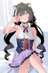  ahoge animal_ear_fluff animal_ears bare_arms bare_shoulders black_hair blush bow breasts cat_ears cat_girl closed_mouth commentary_request crossed_legs eyes_visible_through_hair feet_out_of_frame female frilled_skirt frills green_eyes hair_between_eyes hairbow hand_up karyl_(princess_connect!) long_hair low_twintails multicolored_hair nail_polish one_eye_closed pink_nails princess_connect! purple_skirt red_bow ringlets shirt sitting skirt sleeveless sleeveless_shirt small_breasts solo streaked_hair subachi twintails v-shaped_eyebrows very_long_hair white_hair white_shirt 