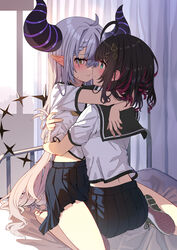  2girls absurdres alternate_costume aqua_eyes barefoot black_hair black_skirt blush commentary demon_horns grey_eyes hair_between_eyes hair_ornament highres hizuki_yui hololive horns hug imminent_kiss indoors infirmary la+_darknesss long_hair midriff_peek multiple_girls neo-porte pointy_ears red_hair school_uniform serafuku shirt shoes short_hair sitting sitting_on_lap sitting_on_person skirt symbol-only_commentary tail trap_(drthumt) very_long_hair virtual_youtuber white_shirt yuri 