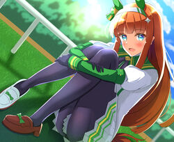  animal_ears asymmetrical_footwear blue_eyes blush day dutch_angle female gloves grass headband horse_ears horse_girl horse_tail long_hair mismatched_footwear open_mouth orange_hair pantyhose shoes silence_suzuka_(umamusume) sitting sky solo tail toyomi_13 umamusume 