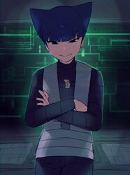  1boy black_eyes black_shirt blue_hair blunt_bangs commentary commentary_request crossed_arms logo long_sleeves looking_at_viewer male_focus parted_lips pokemon pokemon_dppt saku_nosuke saturn_(pokemon) shirt short_hair smile solo team_galactic team_galactic_uniform 