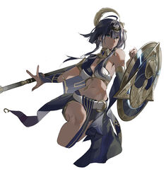  ahoge bare_shoulders blue_eyes breasts buri_(retty9349) candace_(genshin_impact) closed_mouth cross eye_of_horus female fingernails genshin_impact hair_between_eyes hair_ornament holding holding_polearm holding_weapon jewelry looking_away medium_breasts medium_hair navel polearm shield simple_background skirt solo spear stomach weapon 