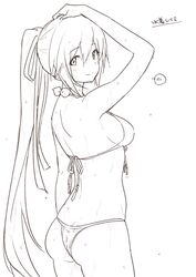  ass breasts closed_mouth female hair_ribbon kiikii_(kitsukedokoro) long_hair looking_at_viewer monochrome ponytail ribbon saionji_reimi simple_background smile solo star_ocean star_ocean_the_last_hope swimsuit very_long_hair white_background 