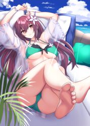  absurdres aqua_bikini arms_up barefoot bikini black_bikini bracelet breasts day fate/grand_order fate_(series) feet female flower foot_focus foreshortening hair_flower hair_ornament highres horizon jacket jewelry large_breasts long_hair looking_at_viewer ocean outdoors parted_lips pillow pipin_try plant purple_hair red_eyes scathach_(fate) scathach_skadi_(fate) scathach_skadi_(swimsuit_ruler)_(fate) scathach_skadi_(swimsuit_ruler)_(final_ascension)_(fate) see-through see-through_jacket see-through_sleeves soles solo swimsuit toes 