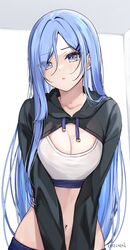  bae_minah_(chaesu) black_hoodie blue_eyes blue_hair breasts cleavage crop_top cropped_hoodie drawstring expressionless female hair_ornament hairclip highres hood hood_down hoodie kaetzchen large_breasts long_hair long_sleeves looking_at_viewer midriff navel original parted_lips shirt solo stomach upper_body v_arms white_shirt 