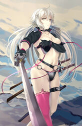  absurdres ahoge bikini black_bikini black_choker black_gloves black_jacket breasts choker cleavage cropped_jacket fate/grand_order fate_(series) female gloves highres jacket jeanne_d&#039;arc_alter_(fate) jeanne_d&#039;arc_alter_(swimsuit_berserker)_(fate) katana keisuke_desu~ large_breasts long_hair multiple_swords o-ring o-ring_bikini o-ring_bottom o-ring_top red_thighhighs shrug_(clothing) single_thighhigh solo swimsuit sword thighhighs very_long_hair weapon white_hair yellow_eyes 