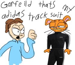  absurd_res adidas angry blue_clothing blue_shirt blue_topwear bottomwear brown_hair clothing domestic_cat duo english_text felid feline felis fur garfield_(series) garfield_the_cat hair hi_res human humor jon_arbuckle littleavara male mammal multicolored_body multicolored_fur not_furry orange_body orange_fur pink_inner_ear pink_nose pupils raised_arm shirt simple_background standing text text_on_clothing tone topwear tracksuit two_tone_body two_tone_fur whiskers white_background 