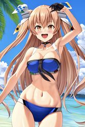  :d absurdres arm_up armpits ass_visible_through_thighs bikini black_choker black_gloves blue_bikini blue_sky blush breasts brown_eyes choker cleavage cloud collarbone female gloves hair_between_eyes hair_ornament headgear highres ichikawa_feesu johnston_(kancolle) johnston_kai_(swimsuit_mode)_(kancolle) kantai_collection large_breasts light_brown_hair long_hair looking_at_viewer medium_breasts navel ocean official_alternate_costume open_mouth outdoors palm_leaf single_glove sky smile solo star_(symbol) star_choker swimsuit two_side_up water 