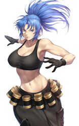  abs absurdres armpits bare_shoulders belt biceps black_background black_gloves black_pants black_tank_top blue_eyes blue_hair breasts cargo_pants cleavage closed_mouth collarbone commentary cowboy_shot crop_top earrings eyebrows_hidden_by_hair female gas_can gloves groin high_ponytail highres jewelry large_breasts leona_heidern long_hair looking_at_viewer midriff military muscular muscular_female nasaniliu navel obliques pants parted_bangs ponytail sidelocks simple_background solo standing tank_top the_king_of_fighters the_king_of_fighters_xiii triangle_earrings white_background 